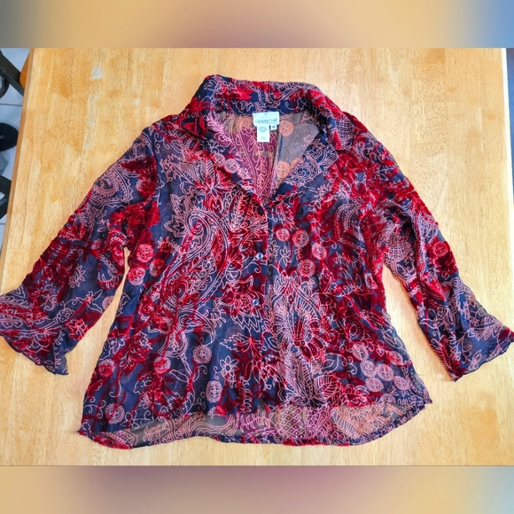 EUC Coldwater Creek red and black sheer button down blouse top - Picture 1 of 6